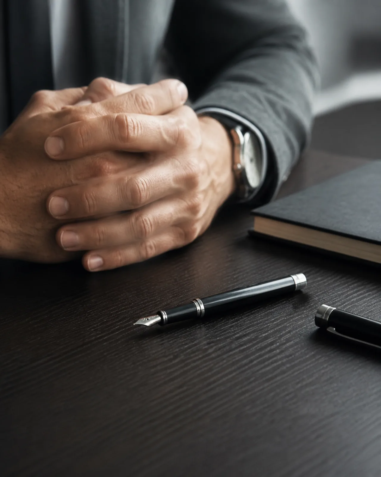 Close-up of hands resting intentionally on a desk, symbolizing reflection