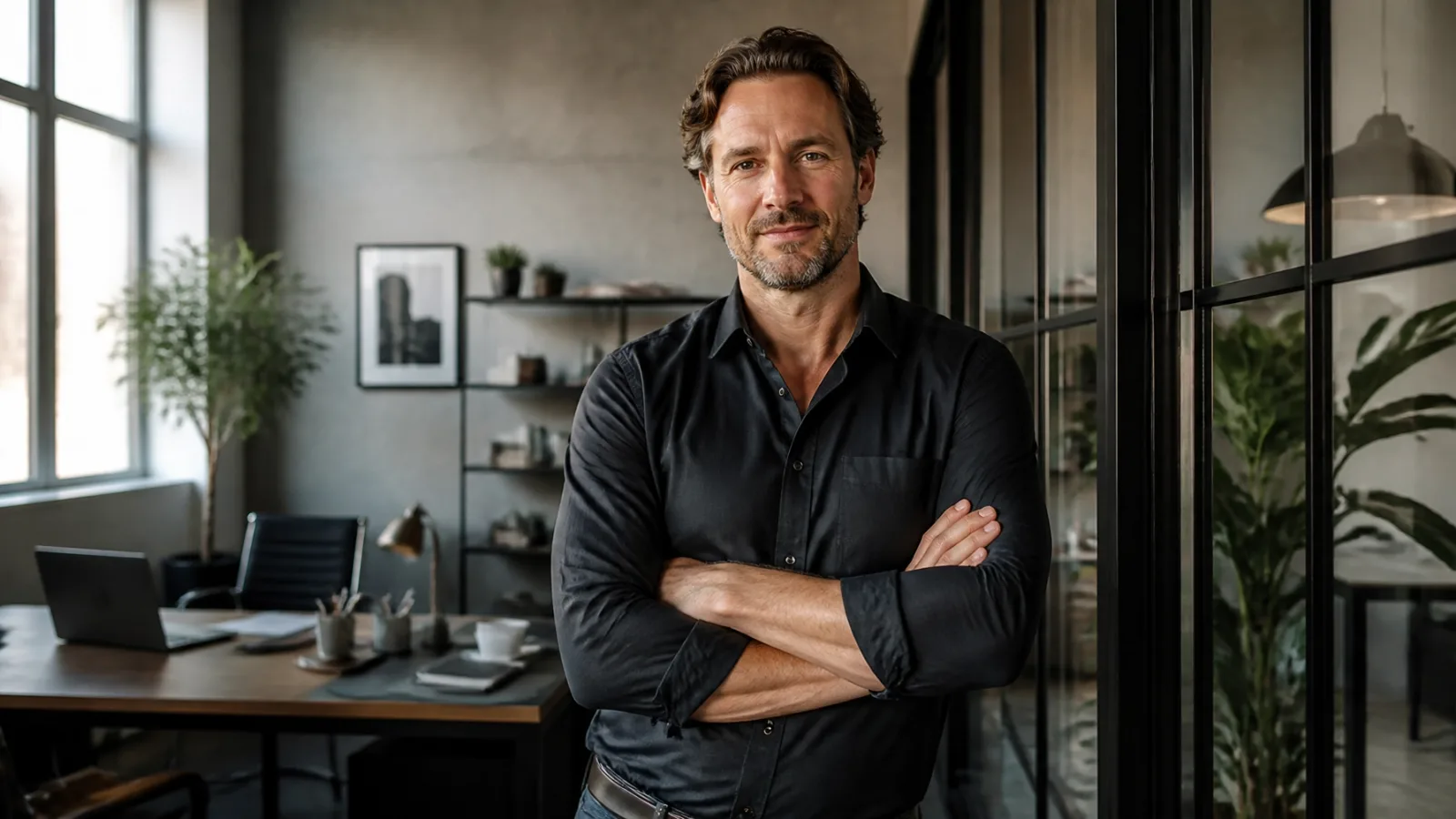 A reflective founder standing in a quiet contemporary office, representing the invisible ceiling successful owners meet as their businesses grow