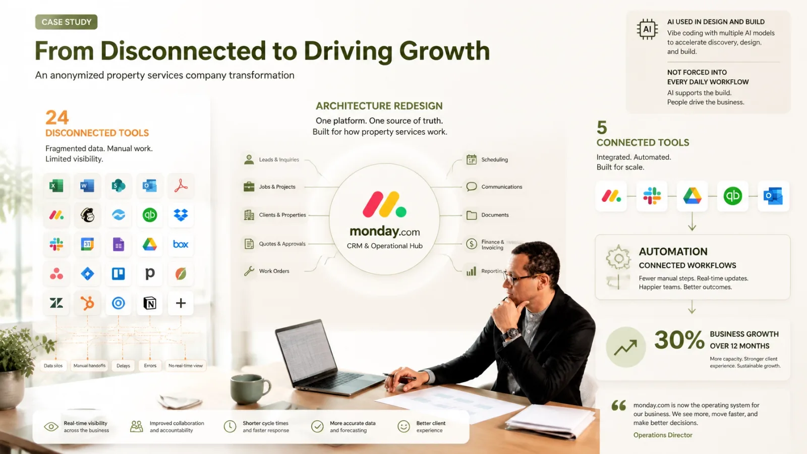 Inline case study graphic showing 24 disconnected tools moving through architecture redesign with Monday as the central CRM and operational hub into 5 connected tools, automation-connected workflows, 30 percent business growth over 12 months, and a restrained note that AI was used in the design and build process rather than forced into every daily workflow