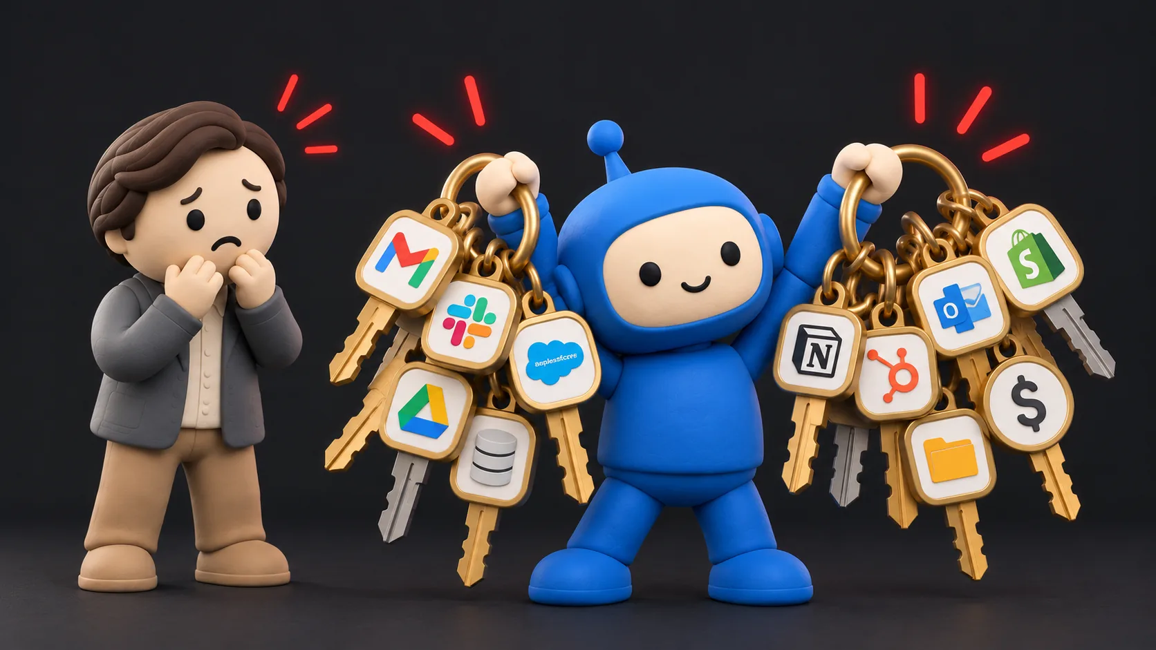 Grinning blue agent holds up two huge rings of keys to every business tool while the clay founder looks on anxiously