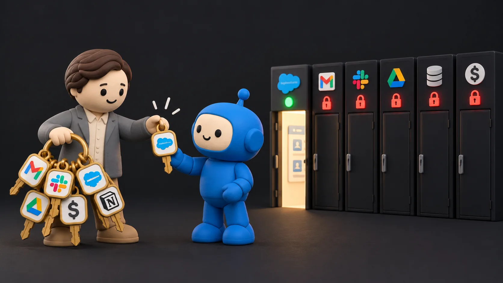 Clay founder hands the blue agent a single CRM key, and only the CRM locker stands open while the rest stay locked