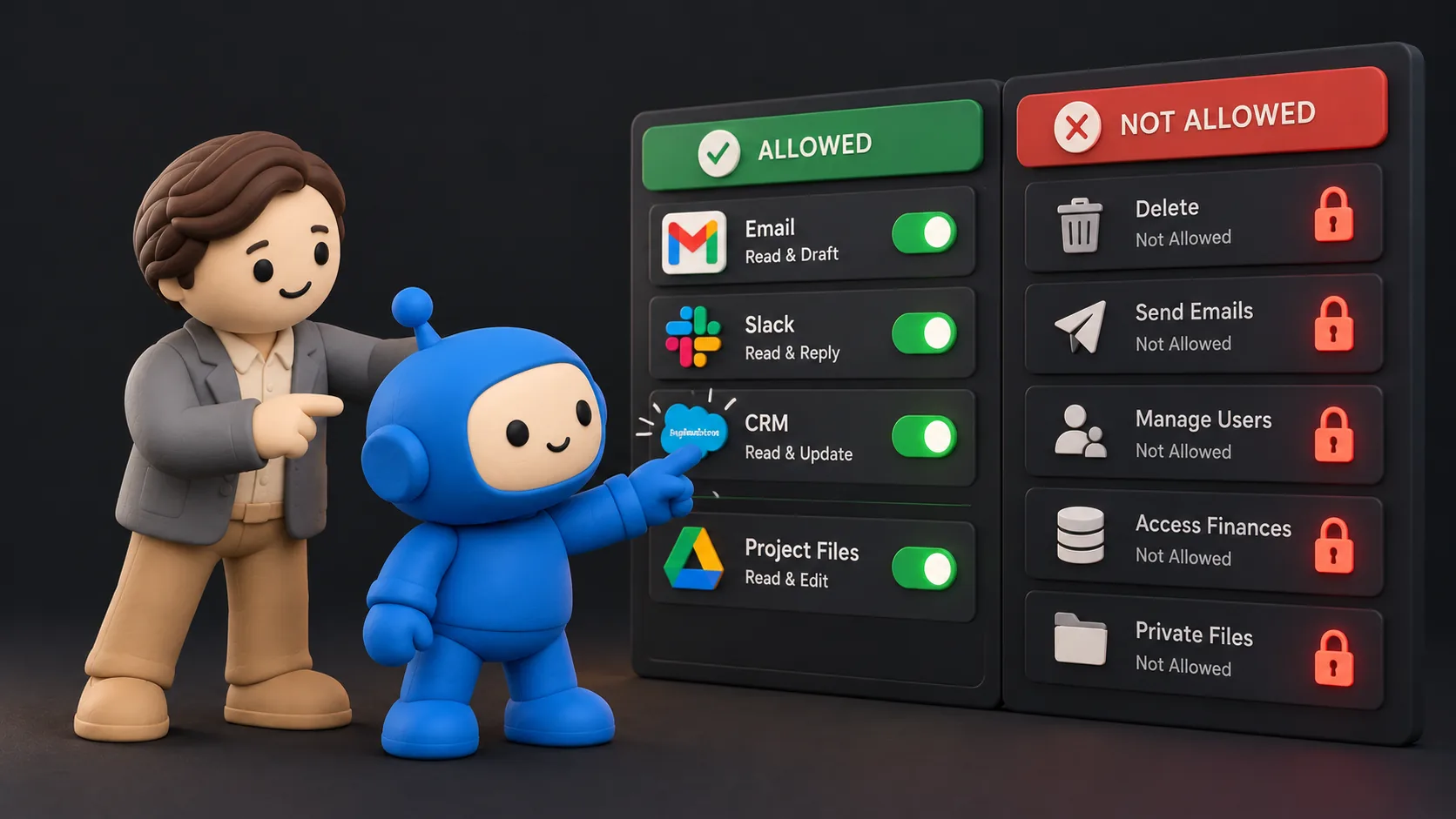 Founder and agent point at a board where Email, Slack, CRM and Project Files are allowed and Delete, Send Emails, Manage Users, Access Finances and Private Files are not allowed
