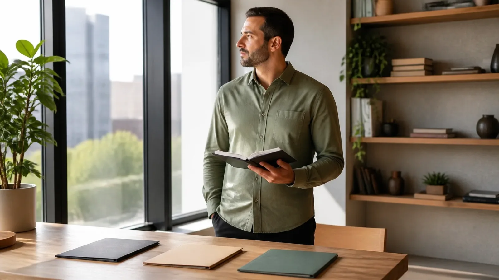 Founder making a focused decision about business priorities in a bright workspace