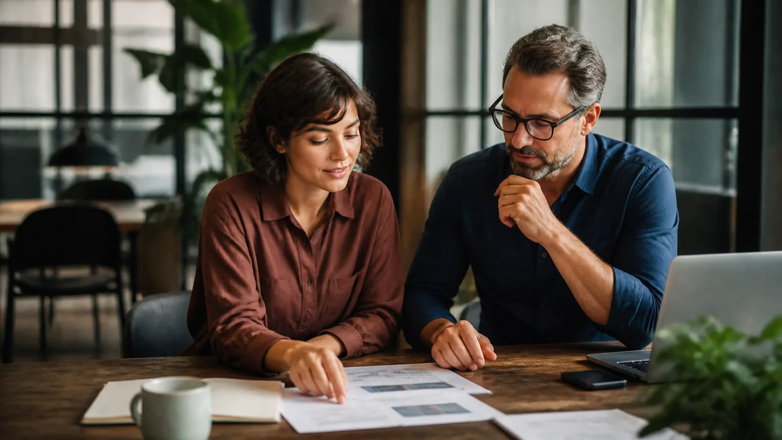A founder and colleague reviewing an operational workflow together at a table