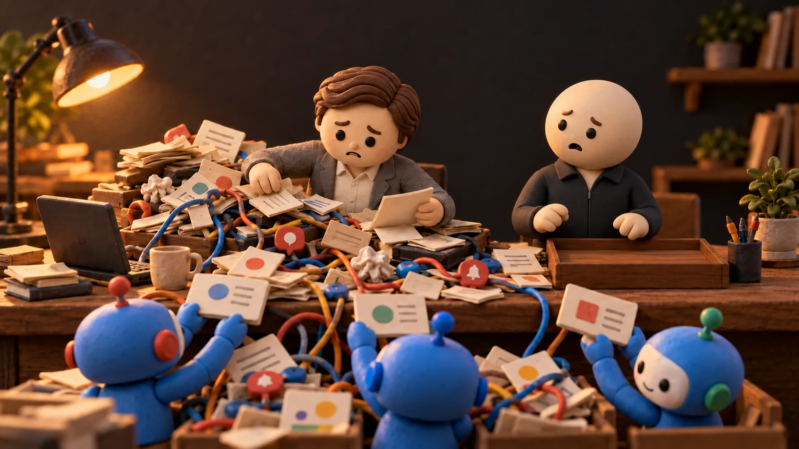 Desk buried in tangled cables and notification cards while small blue agents keep adding more