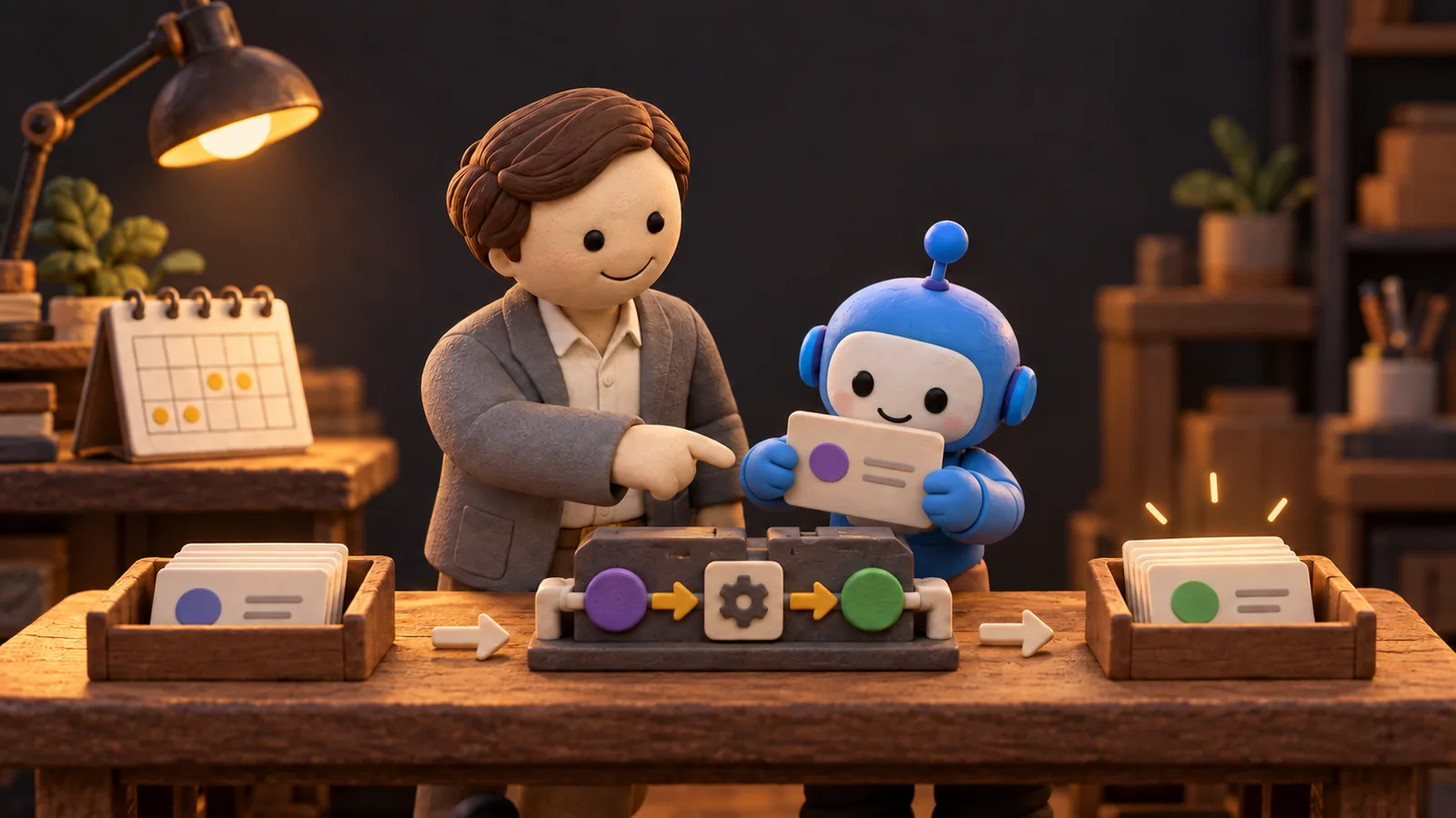Founder and one blue specialized agent running a single process from input tray through a gear step to a clear output