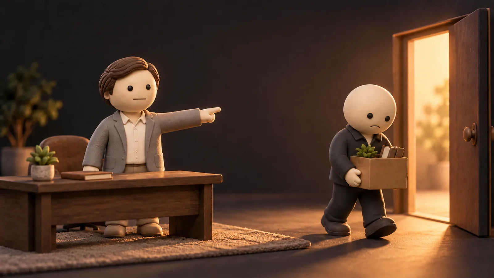 Clay figure at a desk points a departing suited figure carrying a box toward a bright open doorway