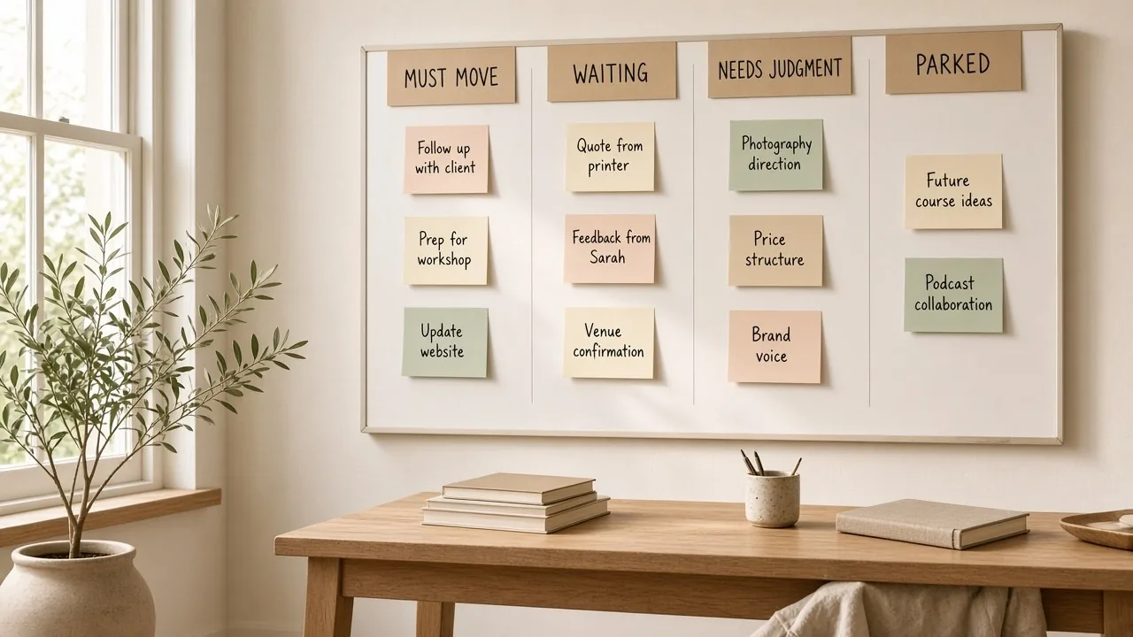 Bright four-column priority board in a sunlit boutique studio corner.