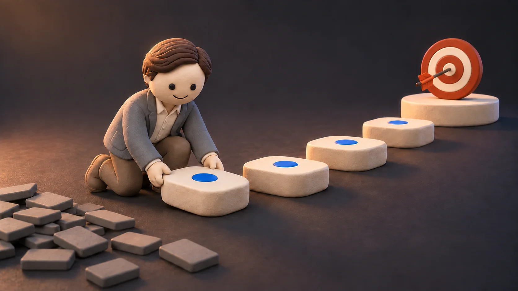 Founder lays a short row of stepping stones that leads straight to a target, with a pile of unused bricks behind him