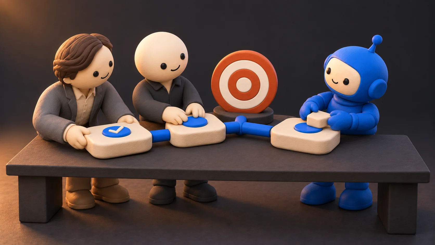 Founder, a teammate and a robot link blocks together on a table in front of a target