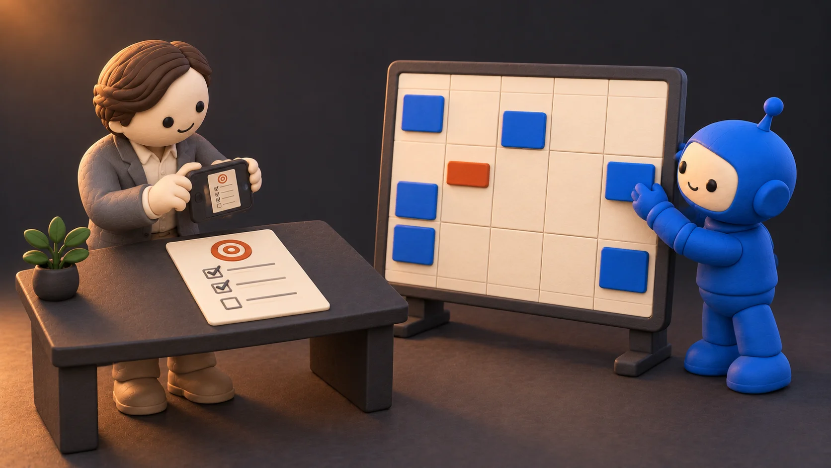 Founder takes a phone photo of his paper plan while a robot places time blocks on a calendar board