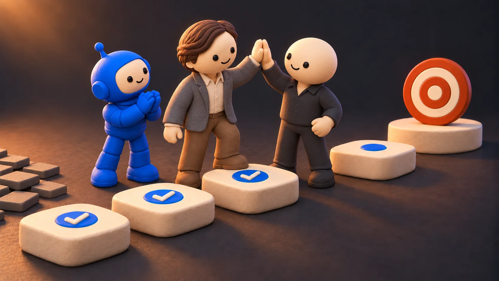 Founder and a teammate high-five on checked stepping stones near the target while a robot claps